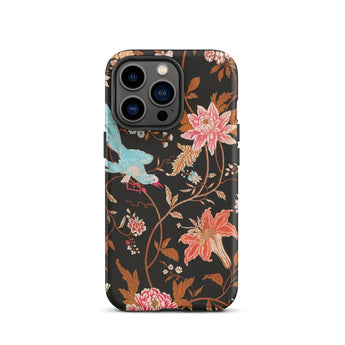 Midnight Call - Flora & Fauna Fabric Phone Case Iphone 13 Pro / Matte Black Floral Phone Case Bird Design Matte Finish Nocturnal Revelry,