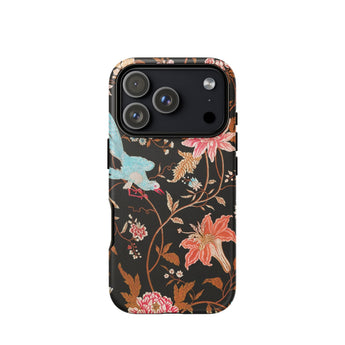 Midnight Call - Flora & Fauna Fabric Phone Case Iphone 17 Pro / Matte Black Floral Phone Case Bird Design Matte Finish Nocturnal Revelry,
