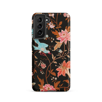Midnight Call - Flora & Fauna Fabric Phone Case Samsung Galaxy S21 / Matte Black Phone Case Adorned Vibrant Floral Bird Pattern Nocturnal