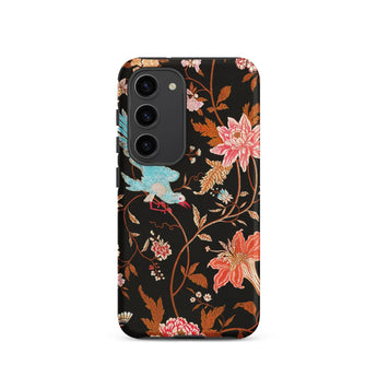 Midnight Call - Flora & Fauna Fabric Phone Case Samsung Galaxy S23 / Matte Black Phone Case Adorned Vibrant Floral Bird Pattern Nocturnal