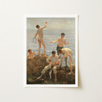 Midsummer Morning - Henry Scott Tuke Art Print / Canvas, Arrests, Five Young Men, Clustered, Atlantic’s Pearl-grey Expanse Prints