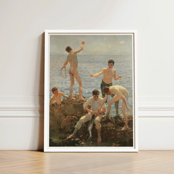 Midsummer Morning - Henry Scott Tuke Art Print / Canvas White-framed Classical Painting Five Nude Semi-nude, Arrests, Young Men, Clustered,