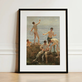 Midsummer Morning - Henry Scott Tuke Art Print / Canvas Black-framed Classical Painting Young Men Seaside, Arrests, Five, Clustered,