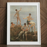 Midsummer Morning - Henry Scott Tuke Art Print / Canvas White-framed Classical Painting Nude Boys Seaside, Arrests, Five Young Men,