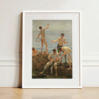 Midsummer Morning - Henry Scott Tuke Art Print / Canvas White-framed Classical Painting Young Men Seaside, Arrests, Five, Clustered,