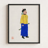Framed Traditional Chinese Portrait Man Yellow Blue Ceremonial Qing Dynasty Manchu, Citrine-clad Sentinel, Fashion Art
