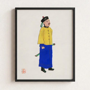 Framed Traditional Chinese Portrait Man Yellow Blue Ceremonial Qing Dynasty Manchu, Citrine-clad Sentinel, Fashion Art
