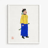 Framed Illustration Man Traditional Chinese Attire Vibrant Yellow Qing Dynasty Manchu, Citrine-clad Sentinel, Fashion Art