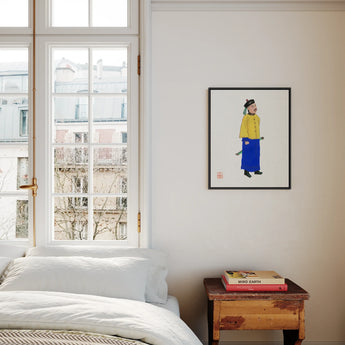 Military Man - Qing Dynasty Framed Canvas, Bright Bedroom Corner Tall Window White Bedding Wooden