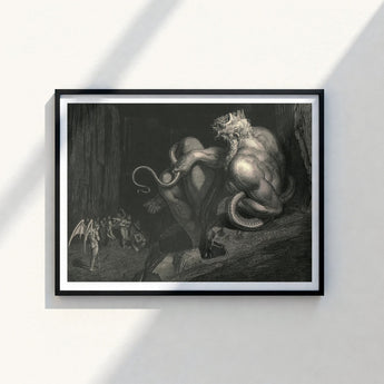 Black-framed Artwork Detailed Monochromatic Satan Cavernous Scene Gustave Dore Art, Minos Coils, Counting Device