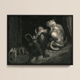 There Minos Stands - Gustave Dore Art Print / Canvas Black-framed Artwork Muscular Crowned Demonic Figure Serpentine Tails Gustave Dore