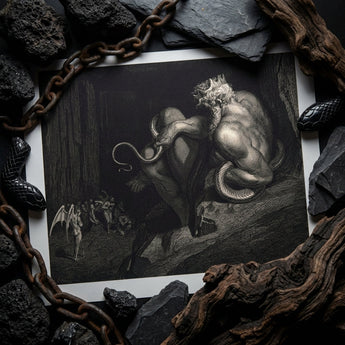 There Minos Stands - Gustave Dore Art Print / Canvas Black-and-white Demonic Figure Horns Serpentine Tail Surrounded Dark Gustave Dore Art,