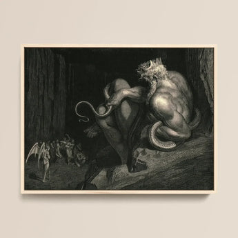 There Minos Stands - Gustave Dore Art Print / Canvas Black White Framed Artwork Muscular Crowned Demonic Figure, Coils, Counting Device