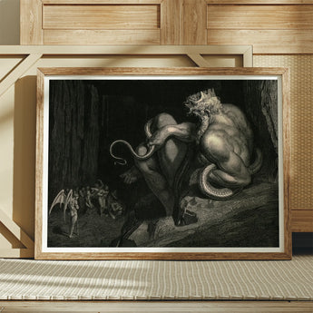 There Minos Stands - Gustave Dore Art Print / Canvas Black-and-white Satan Seated Cavern Surrounded Fallen Angels Demons, Coils, Counting