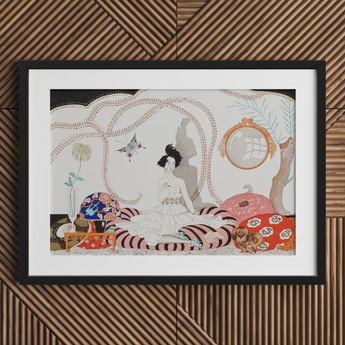 Minuit - George Barbier 1920s Fashion Art Print / Canvas Framed Illustration Woman White Dress Seated Striped Cushions George Barbier’s