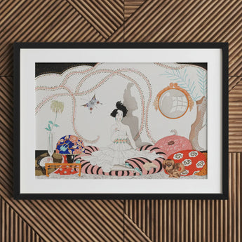 Minuit - George Barbier 1920s Fashion Art Print / Canvas Framed Illustration Woman White Dress Seated Striped Cushions Barbier’s, Le