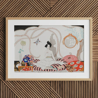 Minuit - George Barbier 1920s Fashion Art Print / Canvas Framed Illustration Woman White Dress Seated Striped Cushions Barbier’s, Le