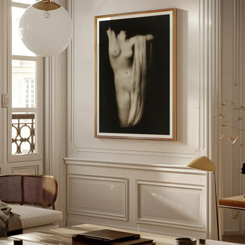 Modern Torso - Female Nude Arnold Genthe Art Print / Canvas Black-and-white Framed Photograph Figure Draped Fabric Encased, Belongs,
