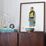 Mongolian Nobleman - Manchu Fashion Art Print Framed Watercolor Illustration Person Yellow Vest Gray Coat Qing Dynasty Manchu, Manchu