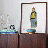 Mongolian Nobleman - Manchu Fashion Art Print Framed Watercolor Illustration Person Yellow Vest Gray Coat Qing Dynasty, Bureaucracy Prints