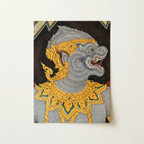 Monkey See too - Ancient Style Thai Fresco Art Print / Canvas Detailed Illustration Gray Ornate Mythical Creature Adorned Intricate