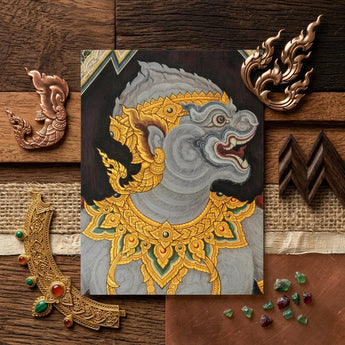Monkey See too - Ancient Style Thai Fresco Art Print / Canvas Detailed Illustration Grey Ornate Mythical Creature Adorned Intricate