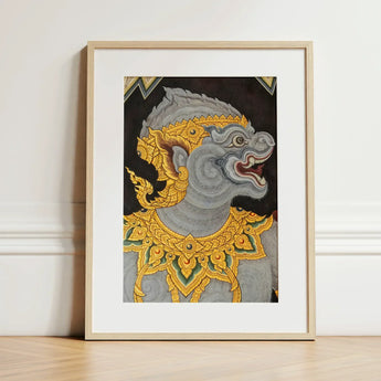 Monkey See too - Ancient Style Thai Fresco Art Print / Canvas Framed Artwork Gray Ornate Mythical Creature Adorned Intricate Electrifying,