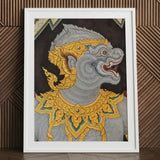 Monkey See too - Ancient Style Thai Fresco Art Print / Canvas Framed Artwork Gray Ornate Mythical Creature Adorned Intricate Electrifying,