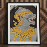 Monkey See too - Ancient Style Thai Fresco Art Print / Canvas Framed Artwork Gray Ornate Mythical Creature Adorned Intricate Electrifying,
