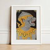 Monkey See too - Ancient Style Thai Fresco Art Print / Canvas Framed Artwork Gray Ornately Adorned Mythical Creature Intricate