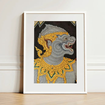 Monkey See too - Ancient Style Thai Fresco Art Print / Canvas Framed Artwork Gray Ornately Adorned Mythical Creature Intricate