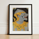 Monkey See too - Ancient Style Thai Fresco Art Print / Canvas Framed Artwork Gray Ornately Decorated Mythical Creature Intricate