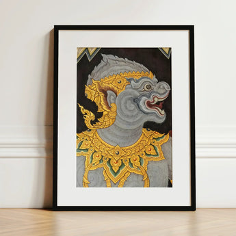 Monkey See too - Ancient Style Thai Fresco Art Print / Canvas Framed Artwork Gray Ornately Decorated Mythical Creature Intricate