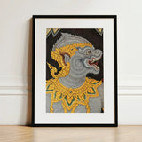 Monkey See too - Ancient Style Thai Fresco Art Print / Canvas Framed Artwork Gray Ornately Decorated Mythical Creature Intricate