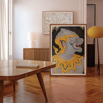 Monkey See too - Ancient Style Thai Fresco Art Print / Canvas Framed Artwork Mythical Creature Gray Body Ornate Golden Electrifying, Simian