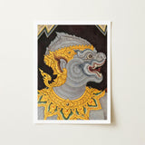Monkey See too - Ancient Style Thai Fresco Art Print / Canvas Framed Artwork Detailed Ornate Gray Gold Mythical Creature Electrifying,