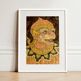 Monkey See - Traditional Thai Fresco Art Print / Canvas Framed Artwork Detailed Ornate Guardian Figure Golden, Southeast Asian Lore, Gilded