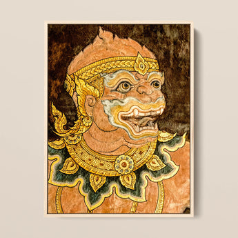 Monkey See - Traditional Thai Fresco Art Print / Canvas Framed Artwork Detailed Ornate Guardian Figure Golden, Southeast Asian Lore, Gilded