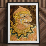 Monkey See - Traditional Thai Fresco Art Print / Canvas Framed Artwork Detailed Ornate Guardian Figure Golden, Southeast Asian Lore, Gilded