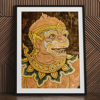 Monkey See - Traditional Thai Fresco Art Print / Canvas Framed Artwork Detailed Ornate Guardian Figure Golden, Southeast Asian Lore, Gilded