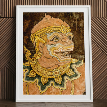 Monkey See - Traditional Thai Fresco Art Print / Canvas Framed Artwork Detailed Ornate Thai-style Demonic Face Gold, Southeast Asian Lore,