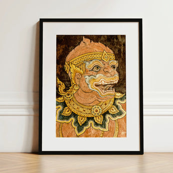 Monkey See - Traditional Thai Fresco Art Print / Canvas Framed Artwork Guardian Figure Intricate Gold, Southeast Asian Lore, Gilded