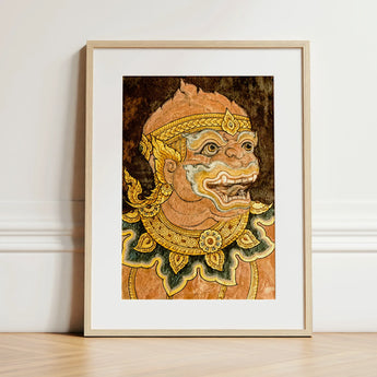 Monkey See - Traditional Thai Fresco Art Print / Canvas Framed Artwork Guardian Figure Intricate Gold, Southeast Asian Lore, Gilded