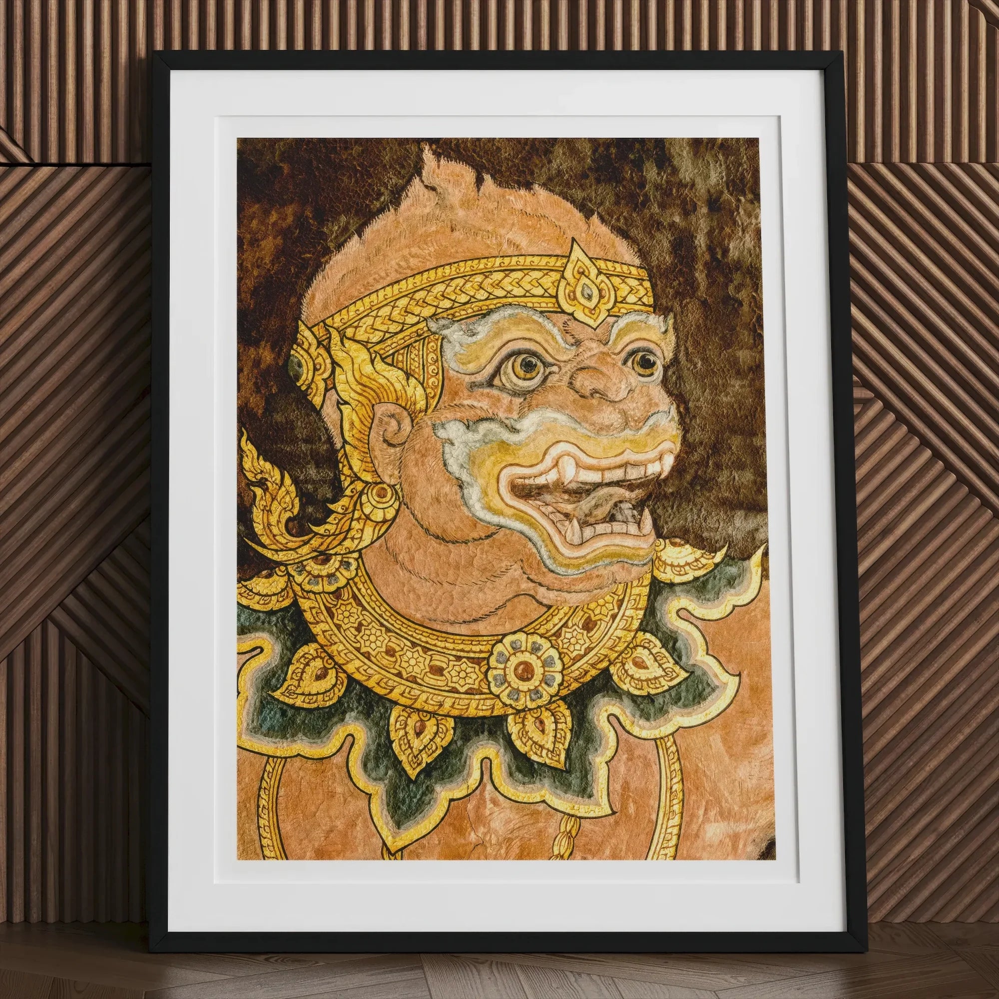 Monkey See Traditional Thai Fresco Art Print, Framed Painting Mythical Thai Creature Ornate Golden Headdress
