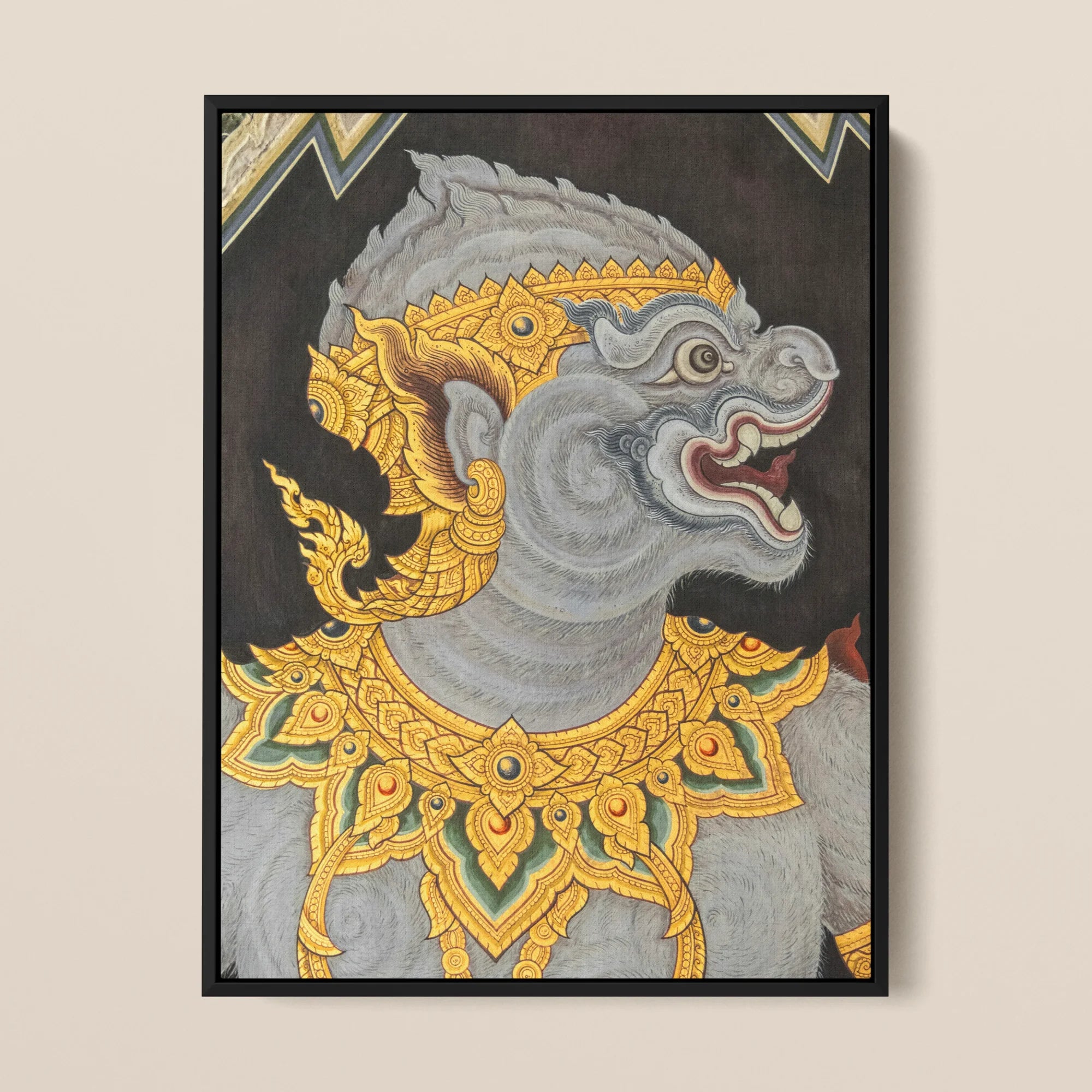 Monkey See too Traditional Thai Fresco Framed Canvas, Ornate Thai Style Painting Mythical Creature Gray Animal Head