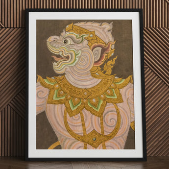 Monkey do too - Thai Golden Lai Art Print / Canvas Framed Artwork Traditional Guardian Figure Intricate Gold Celestial Simian Bursts,