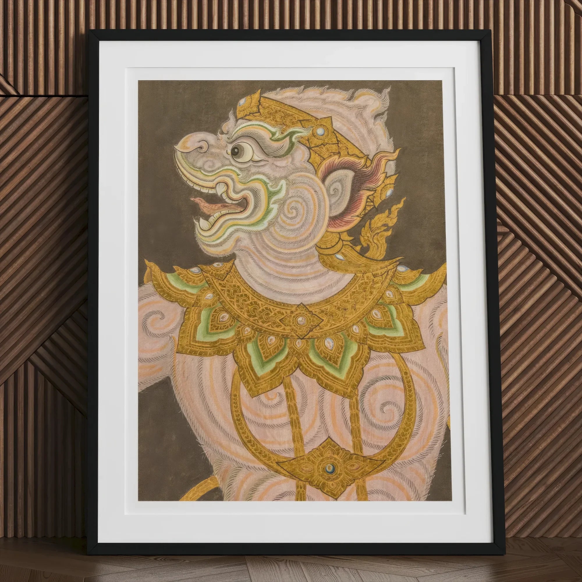 Monkey do too Thai Golden Lai Art Print, Framed Artwork Stylized Mythical Creature Ornate Golden Headdress