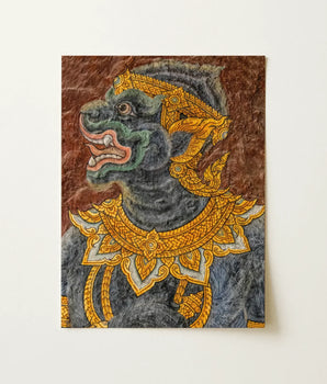 Detailed Illustration Dark Green Ornately Adorned Mythical Creature Jade-hued Simian Deity, Ramakien Epics, Traditional Mural Art