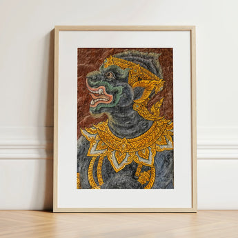 Monkey do too - Thai Mural Art Print / Canvas Framed Artwork Dark Green Ornate Mythical Creature Adorned Jade-hued Simian Deity, Ramakien