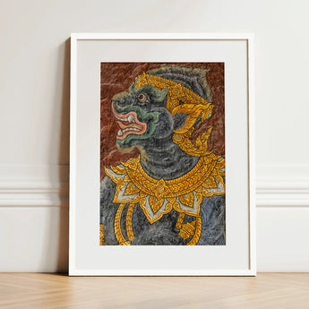 Monkey do too - Thai Mural Art Print / Canvas Framed Artwork Dark Green Ornately Adorned Mythical Creature Jade-hued Simian Deity, Ramakien